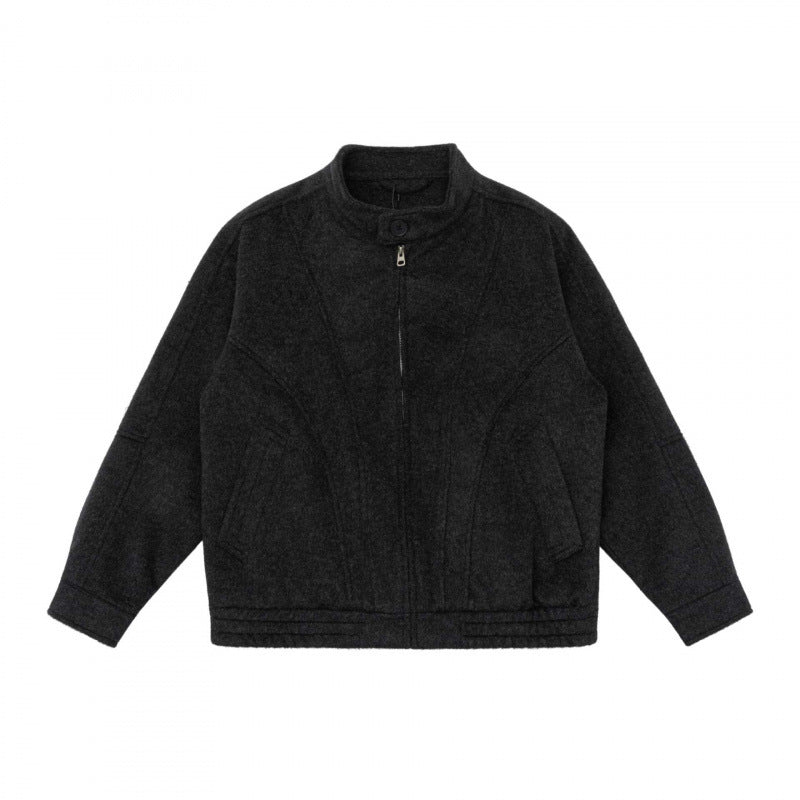 [Unisex] Boxy Wollmix-Zipjacke im Overshirt‑Stil mit kurzem Stehkragen Drune