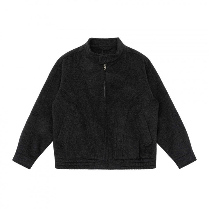 [Unisex] Boxy Wollmix-Zipjacke im Overshirt‑Stil mit kurzem Stehkragen Drune
