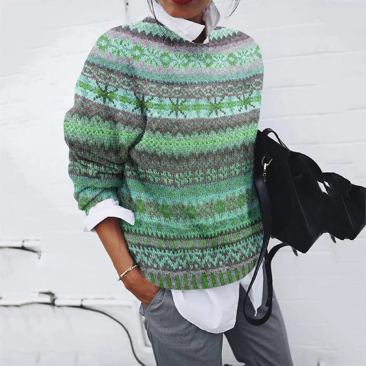 Damen lockerer Fair Isle Strickpullover mit Rundhalsausschnitt