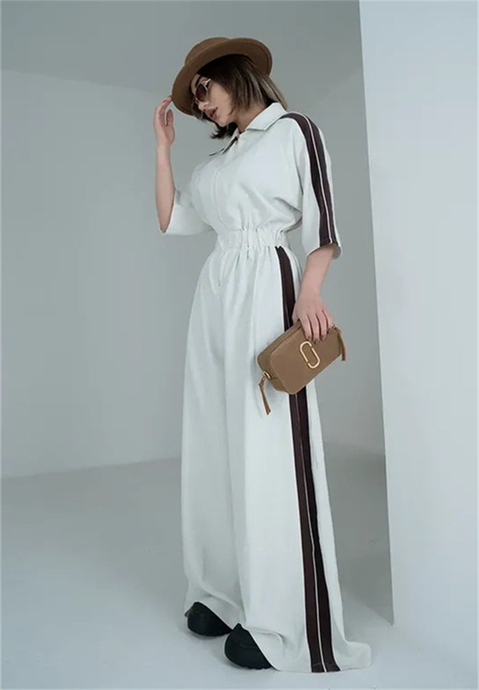 Damen Langer Jumpsuit mit Taillengebund und Kontraststreifen