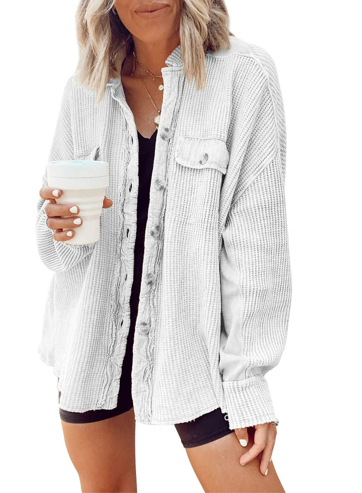 Damen Lässige Waffle-Strickjacke mit praktischen Taschen und Knopfdetails Drune