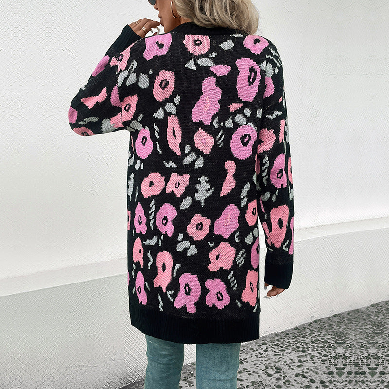 Damen Modischer Strickmantel mit floralem Muster Drune