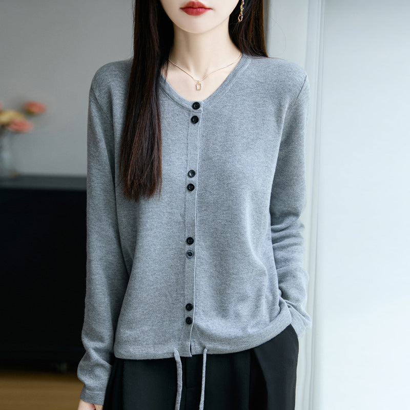 Damen Leichter Feinstrick-Knopfleisten-Cardigan mit Rundhalsausschnitt Drune