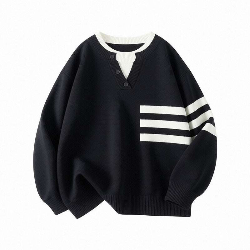 Damen Sportlicher Oversize Pullover mit Knopfleiste und Streifen Drune