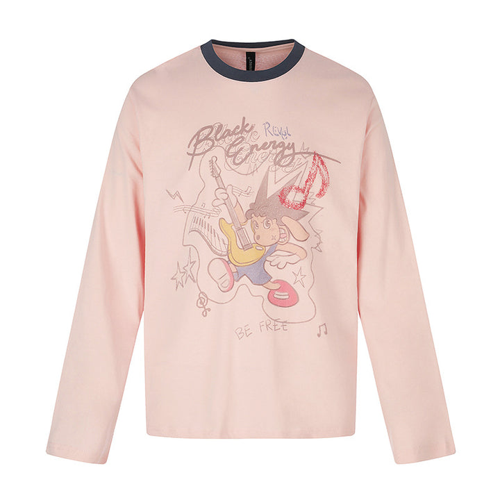 Damen Langarmshirt mit Comic-Gitarrenprint, Glitzerdetail und Kontrastkragen Drune