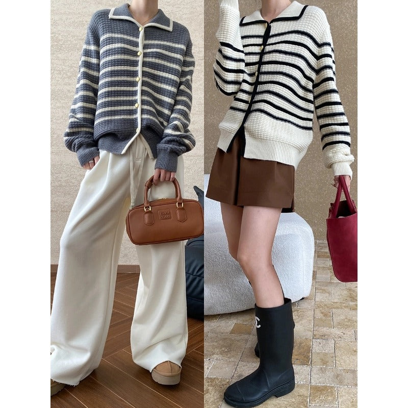 Damen gestreifte Strickjacke mit Druckknopfverschluss und lässiger Passform Drune