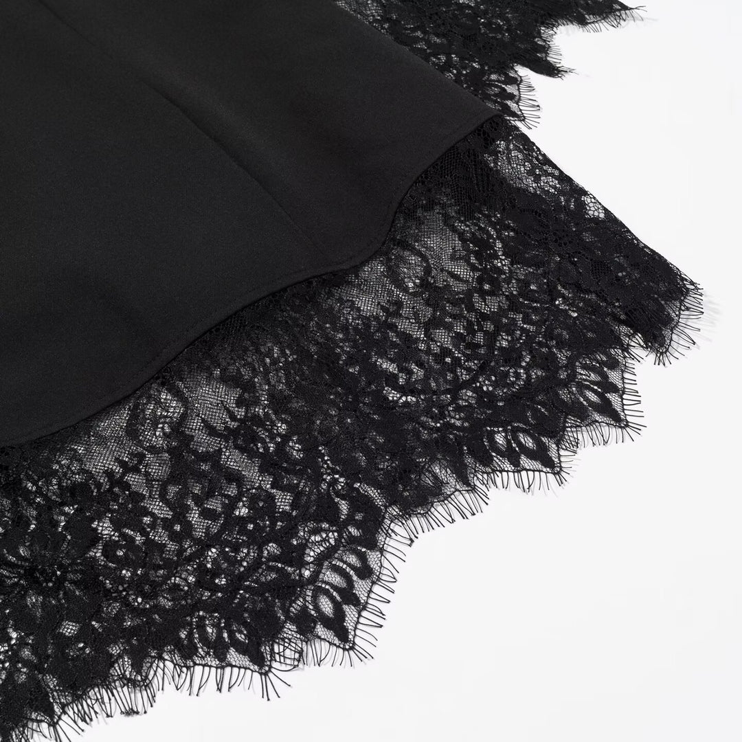 Damen Langarm-Minikleid mit Stehkragen, Cut-outs, goldenen Zierknöpfen und Spitzenbesatz Drune