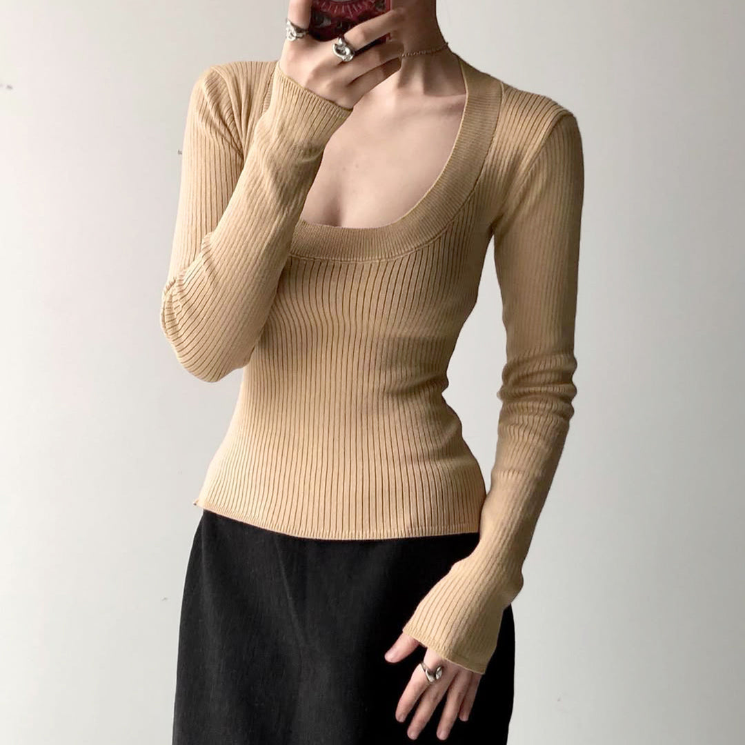 Damen Enganliegendes geripptes Langarmshirt mit tiefem U-Ausschnitt Drune