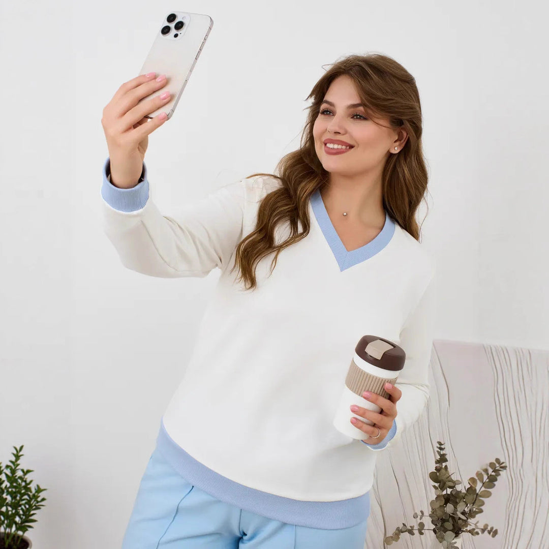 Damen lässiger V-Ausschnitt Pullover mit modernen Rippdetail Drune