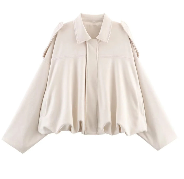 Damen 1000+ weit geschnittene Cropped‑Blousonjacke im Cape‑Look mit Schulterriegeln und gerafftem Saum Drune