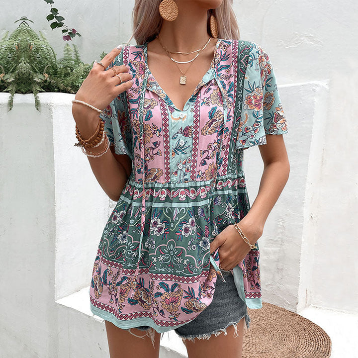 Damen Tunika mit V-Ausschnitt und floralem Patchwork-Design Drune