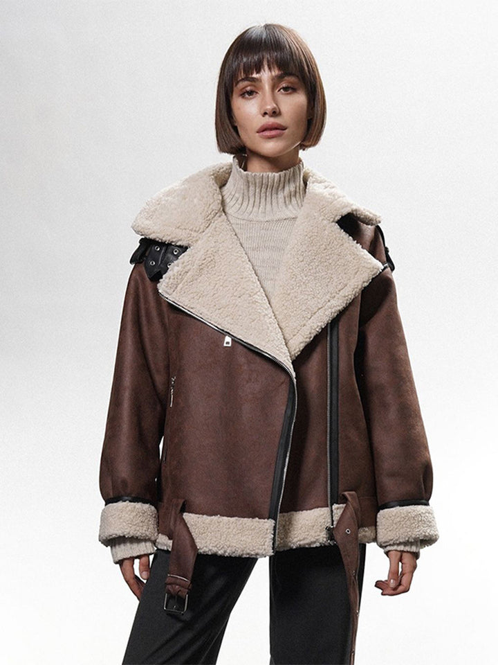 Damen Oversized Bikerjacke mit Teddyfell-Futter und verstellbaren Gürteln Drune