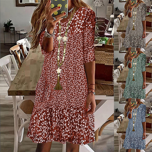 Damen Casual Midi Kleid mit Rüschensaum, Dreiviertelarm und Blumendruck Drune