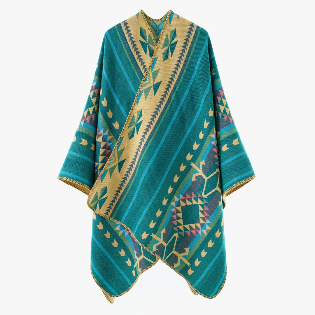 Damen Weicher Jacquard‑Strickponcho mit geometrischem Muster und Ziernaht Drune