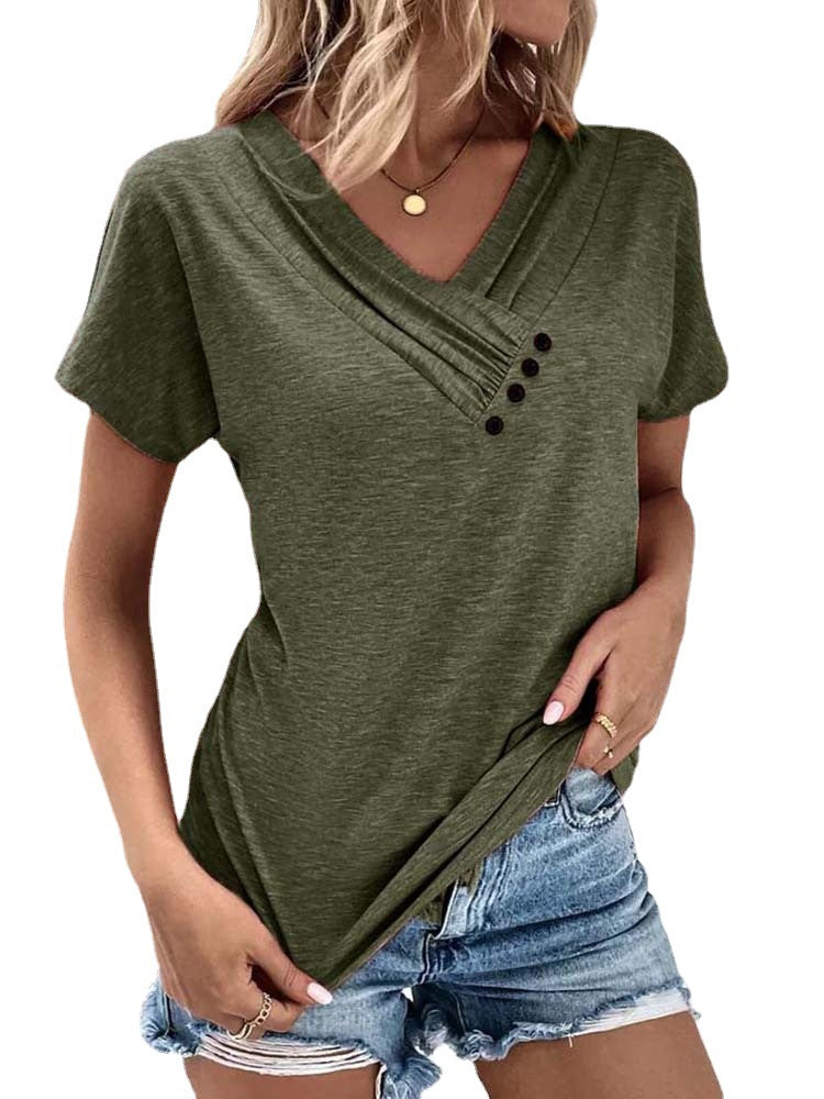 Damen Verspieltes V-Ausschnitt T-Shirt mit raffinierten Knopfdetails Drune