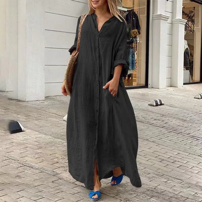 Drune | Einreiher Baumwoll-Leinen Plus Size Langkleid