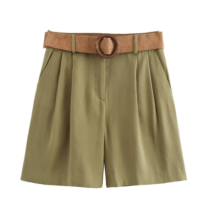 Damen elegante Shorts mit breitem, geflochtenem Gürtel Drune
