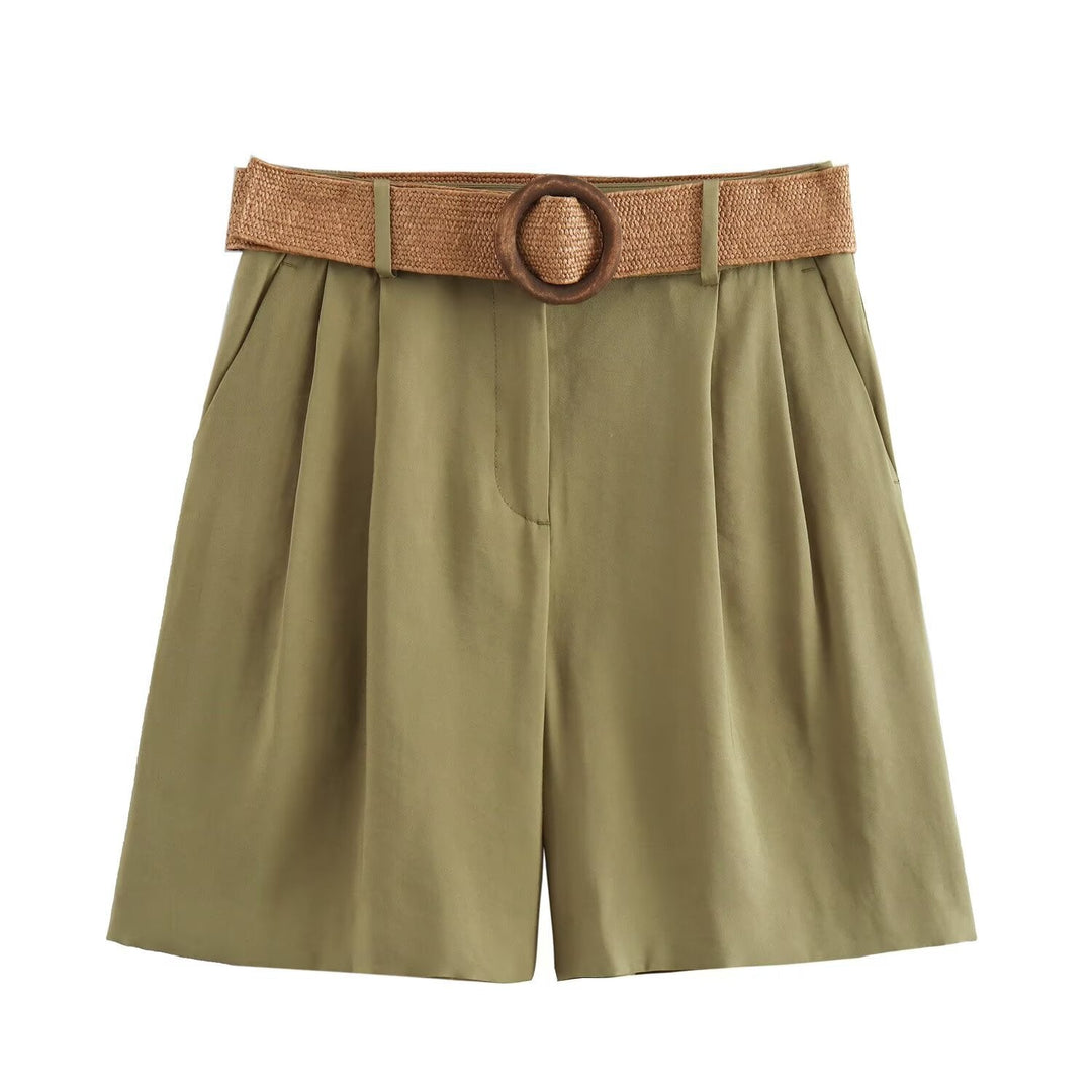 Damen elegante Shorts mit breitem, geflochtenem Gürtel Drune