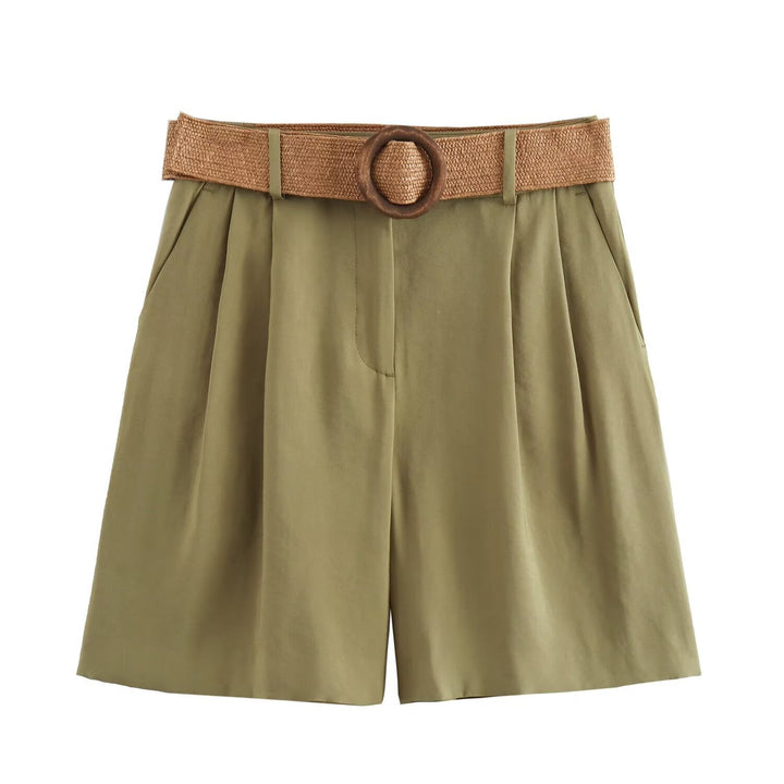 Damen elegante Shorts mit breitem, geflochtenem Gürtel Drune