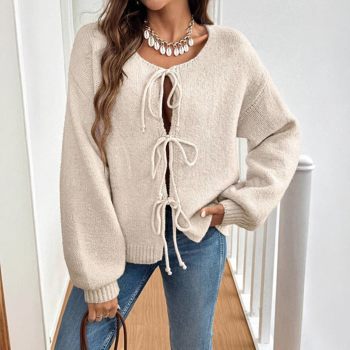 Damen lässiger Strickcardigan mit Bindebändern Drune