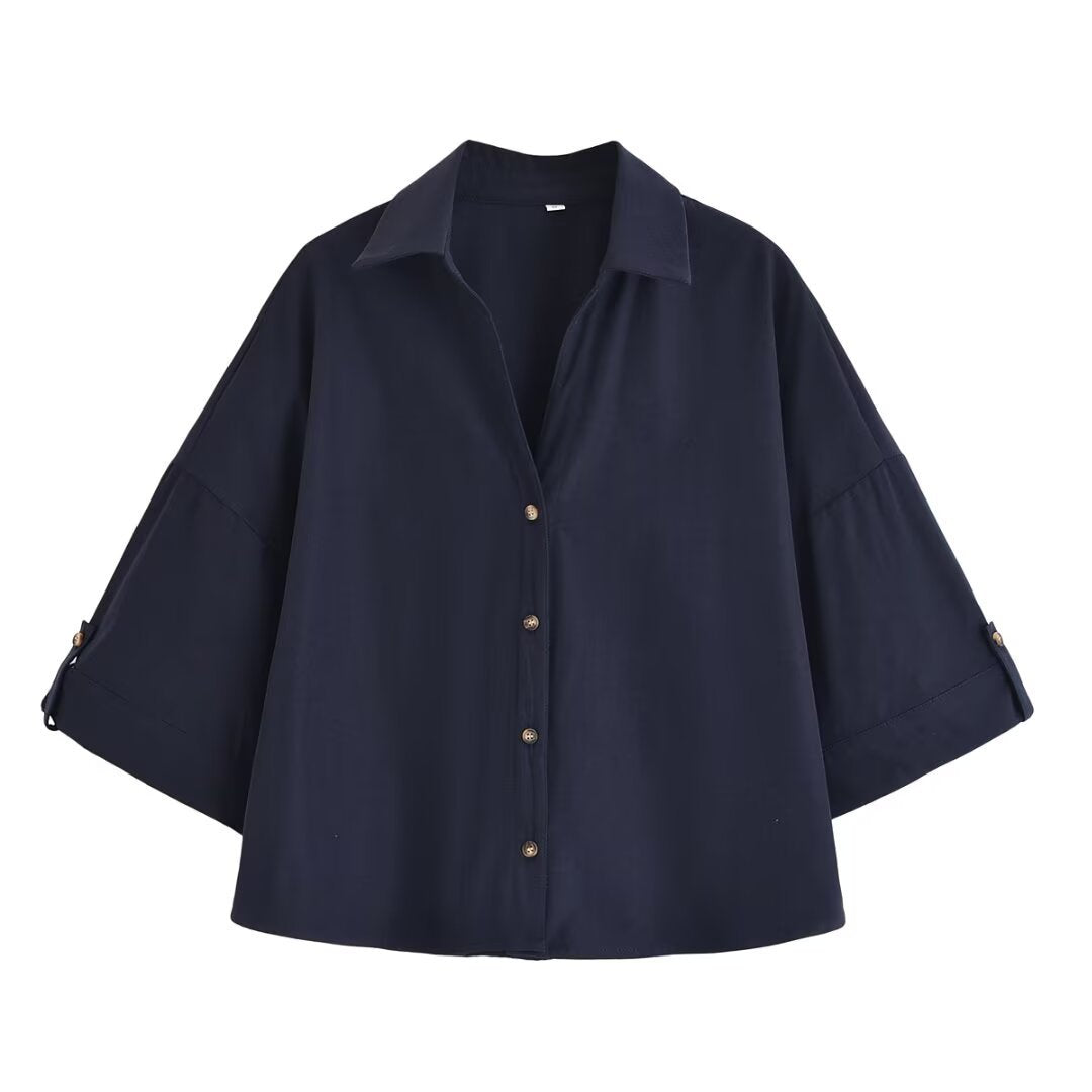 Damen Oversize-Hemdbluse mit dreiviertel-Ärmeln und Manschetten Drune