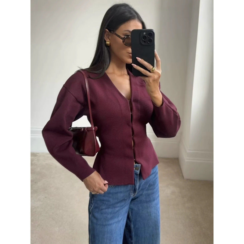 Damen Locker geschnittener Feinstrick-Cardigan mit tiefem V‑Ausschnitt und verdeckter Knopfleiste Drune