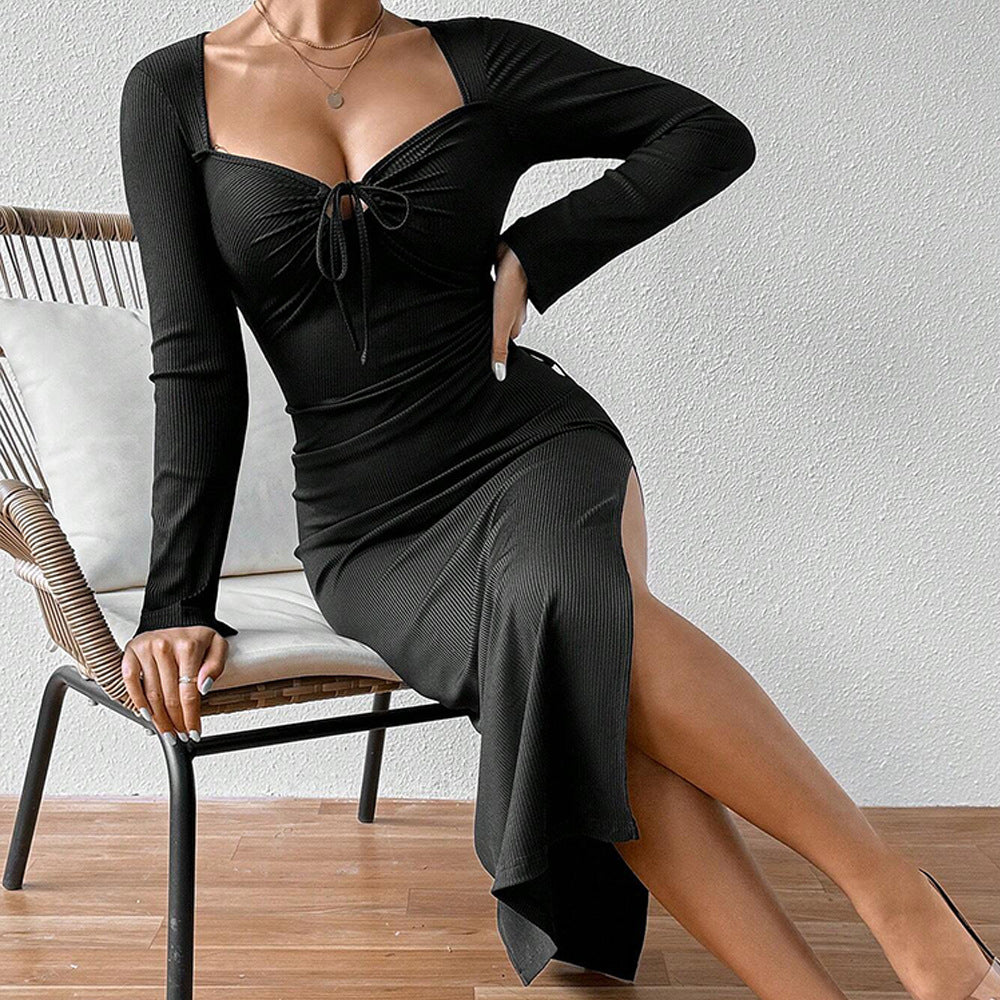 Damen geripptes Midikleid mit herzförmigem Bustier, Tunnelzug‑Bindung und hohem Seitenschlitz Drune