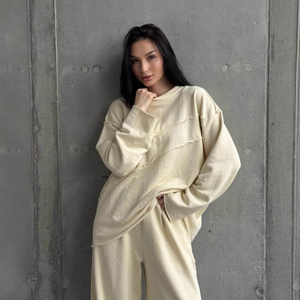 Damen weiches Oversize Lounge-Set mit diagonalem Ziernähten und extra weiter Palazzo-Hose Drune