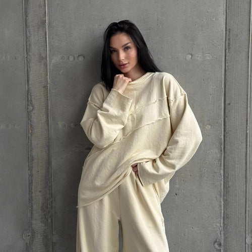Damen weiches Oversize Lounge-Set mit diagonalem Ziernähten und extra weiter Palazzo-Hose Drune