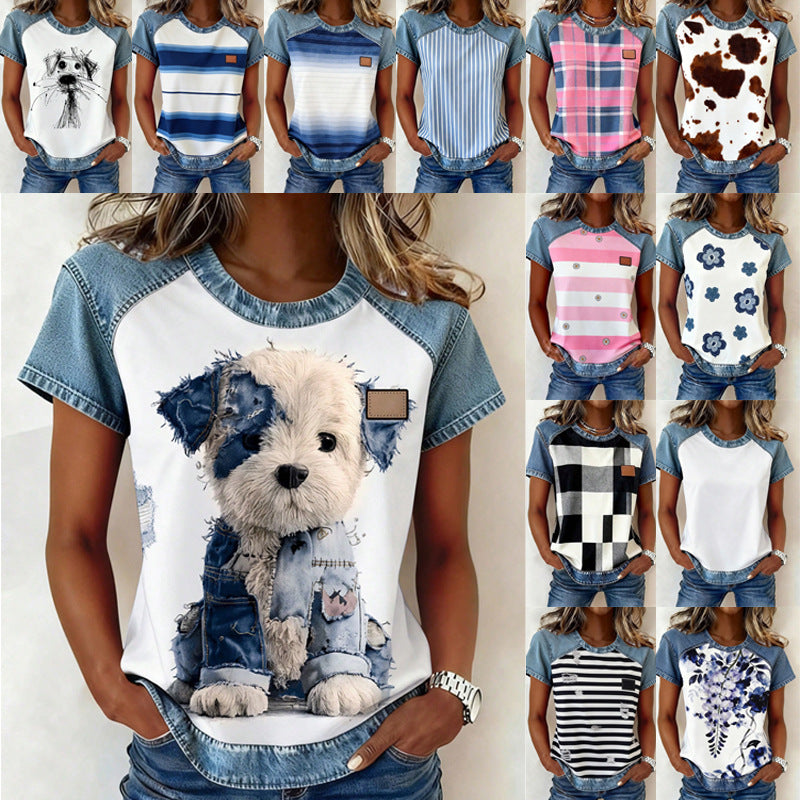 Damen Kurzarmshirt mit Jeans-Einsätzen und Teddy-Patchprint Drune