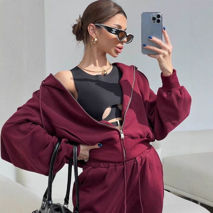 Damen Zweiteiliges Loungewear-Set mit kurzem Zip-Hoodie und hochtaillierter weiter Jogginghose Drune