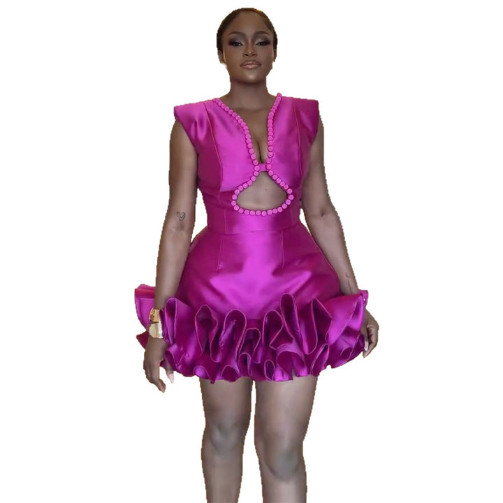 Damen Minikleid mit tiefem Ausschnitt und voluminösen Rüschendetails Drune