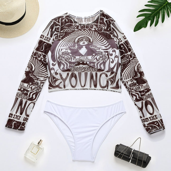 Damen Sportlicher Crop-Top mit langem Arm und eleganten Print Drune