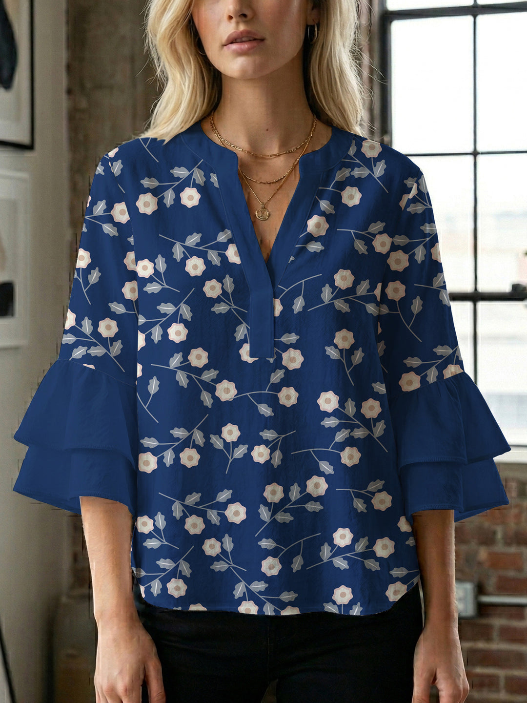 Damen Bluse mit voluminösen Ärmeln und floralem Design Drune