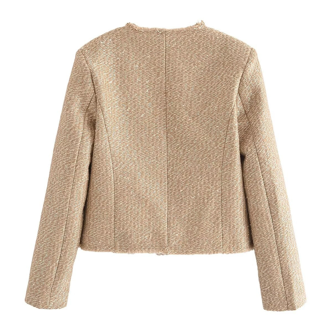 Damen nan cropped Tweed-Kurzjacke mit Rundhalsausschnitt, goldenen Zierknöpfen und aufgesetzten Taschen Drune