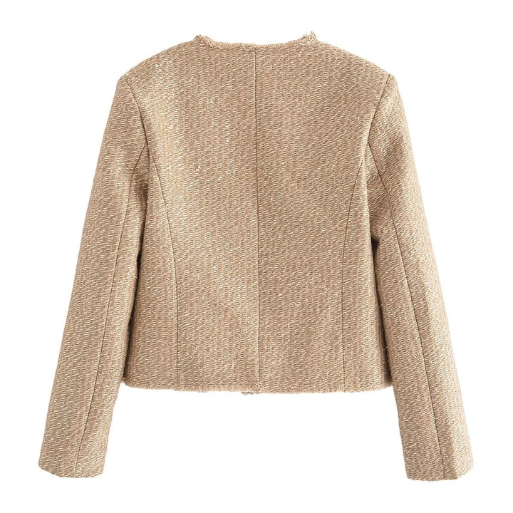 Damen nan cropped Tweed-Kurzjacke mit Rundhalsausschnitt, goldenen Zierknöpfen und aufgesetzten Taschen Drune