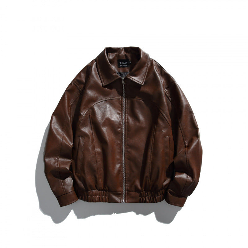 Herren Kurz geschnittene Boxy-Lederoptik Blousonjacke mit Hemdkragen, Frontreißverschluss und elastischem Saum Drune