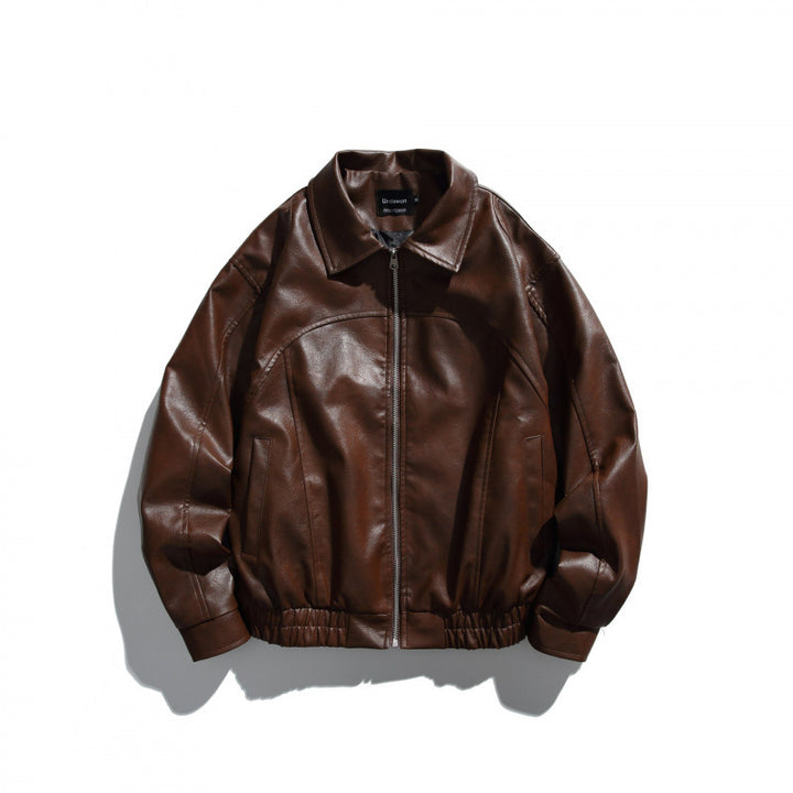 Herren Kurz geschnittene Boxy-Lederoptik Blousonjacke mit Hemdkragen, Frontreißverschluss und elastischem Saum Drune