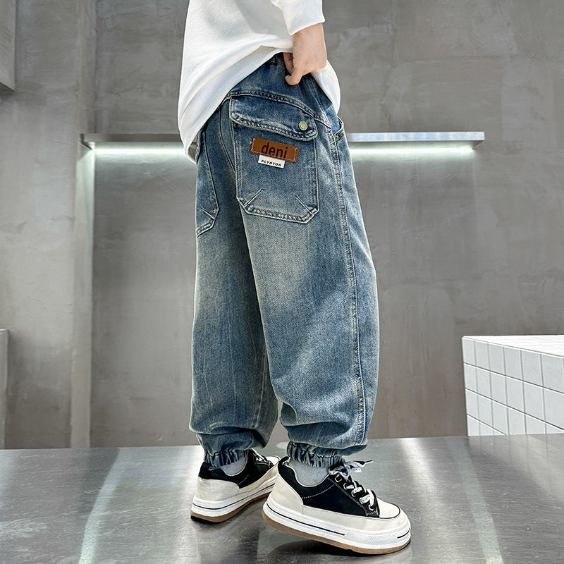 Unisex lässige Denim-Hose mit elastischem Bund Drune