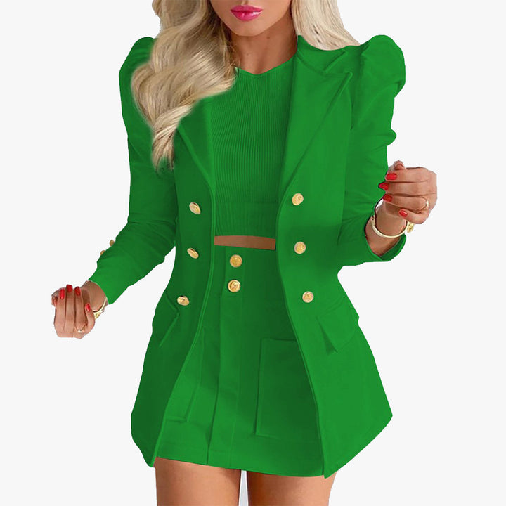 Damen Taillierter Doppelreihiger Blazer mit Puffärmeln und goldenen Zierknöpfen Drune