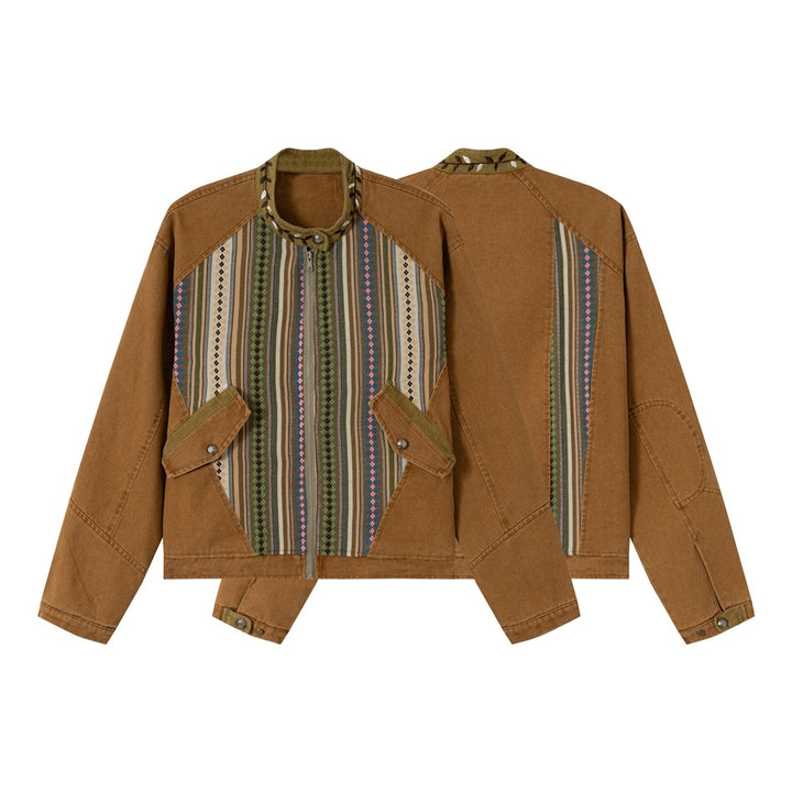 Damen kurze Baumwoll-Blousonjacke mit Ethno‑Webpaneelen und Cordbesatz Drune