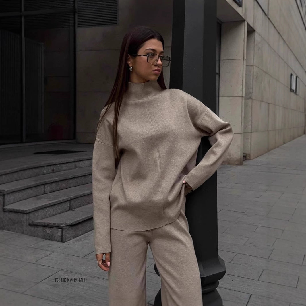 Damen lässiges Strickensemble mit hohem Kragen Drune