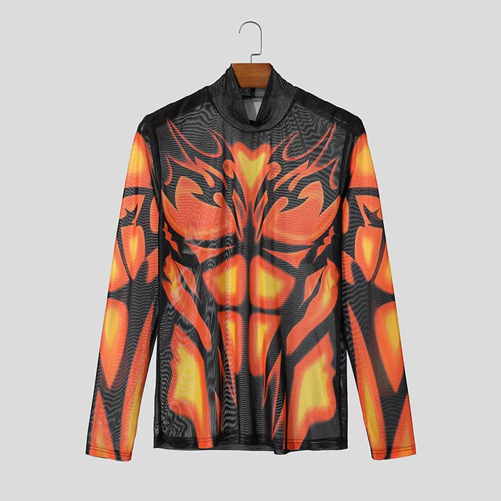 Herren Transparentes Mesh-Langarmshirt mit 3D-Muskeldruck Drune