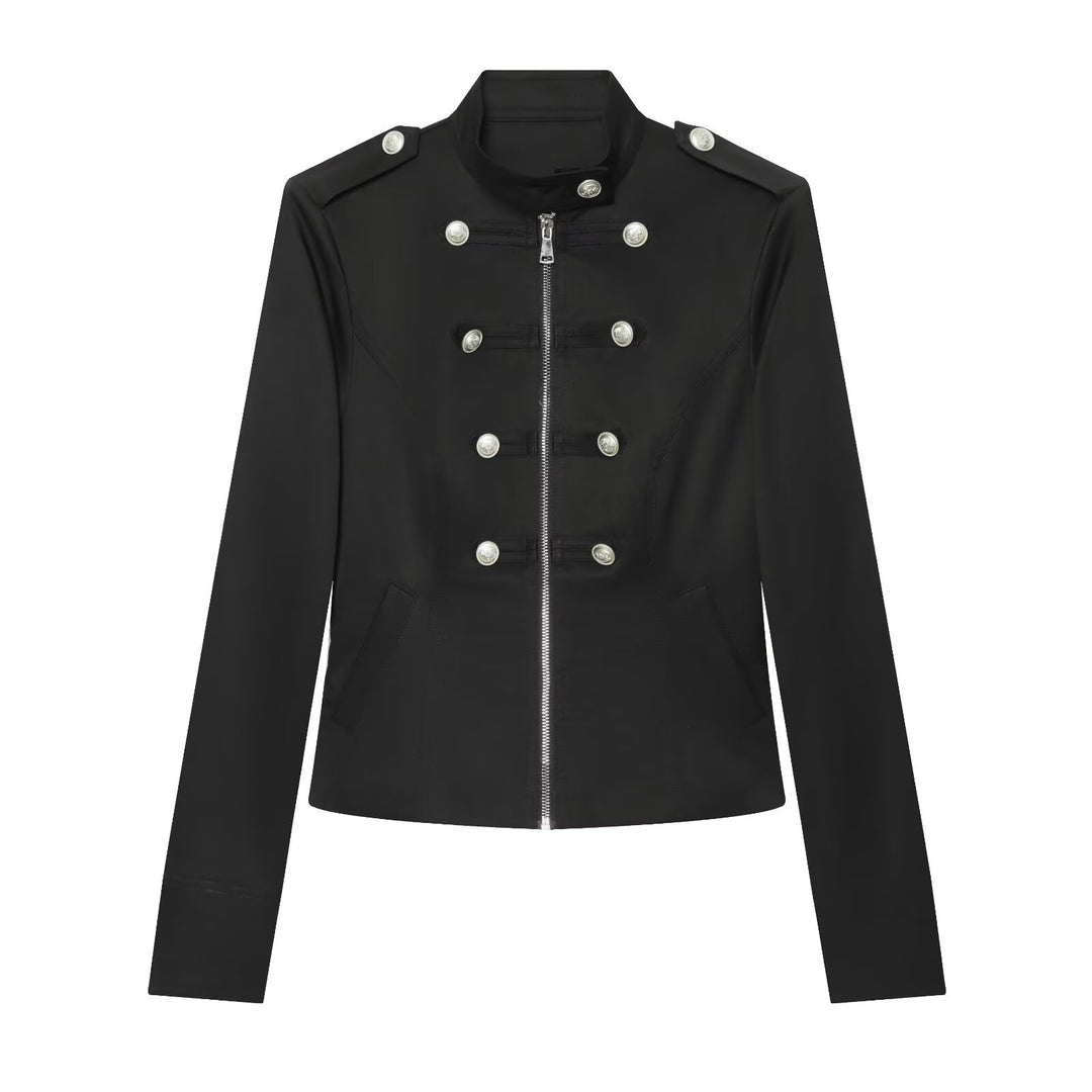Damen Militärisch inspirierte Kurzjacke mit Reißverschluss und Zierknöpfen Drune