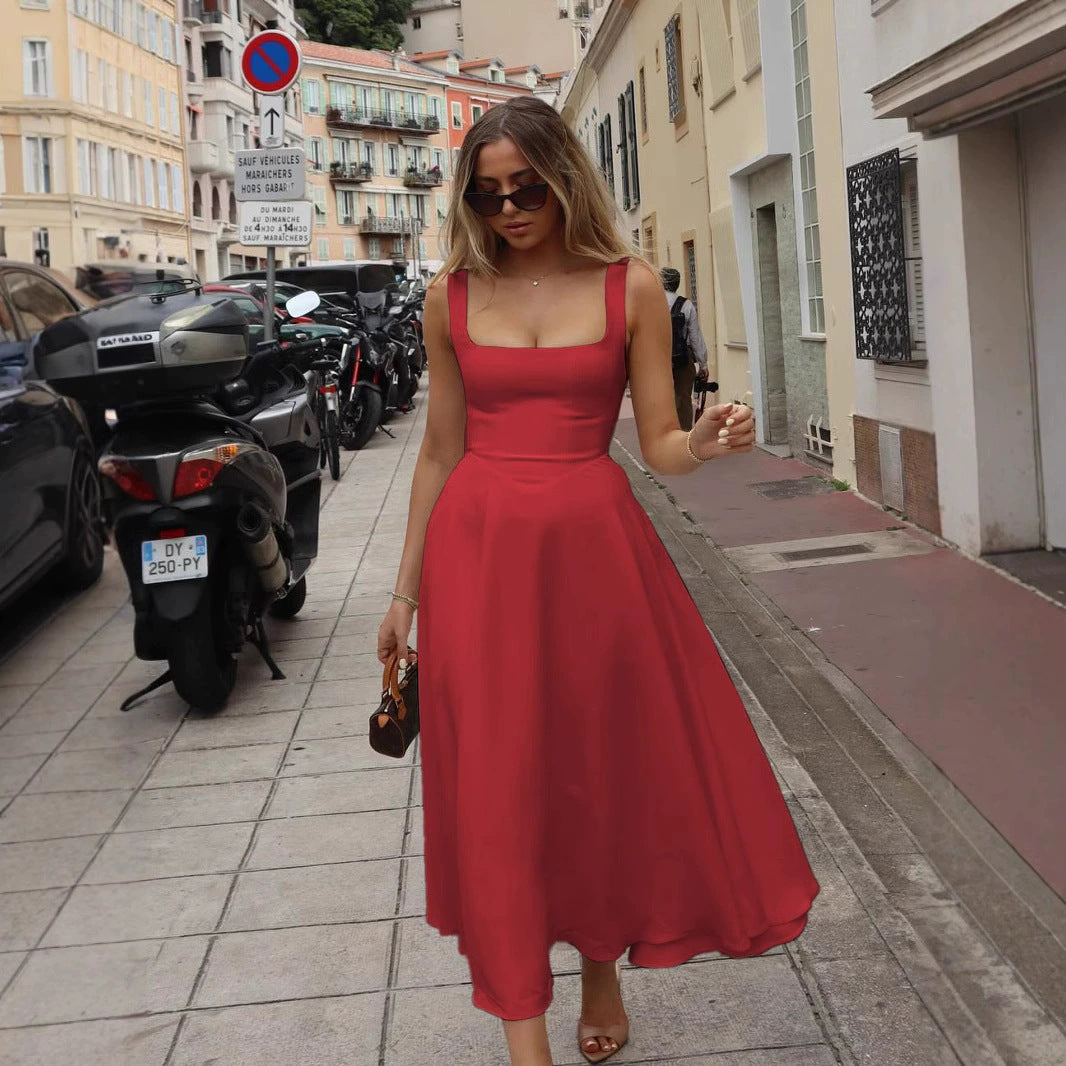 Damen Elegantes Maxikleid mit quadratischem Ausschnitt und fließendem Rock Drune