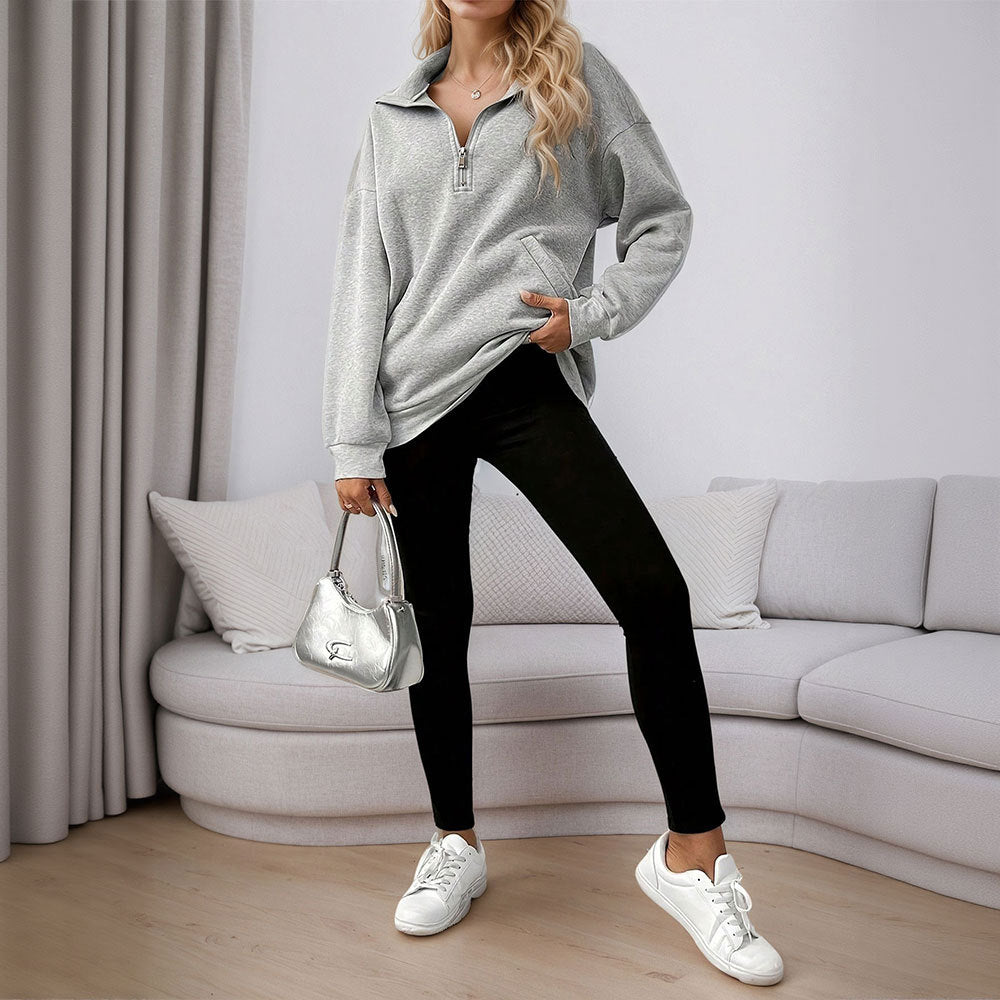Damen lässiges Oversized-Halbzip-Sweatshirt mit hohem Kragen und Kängurutaschen Drune