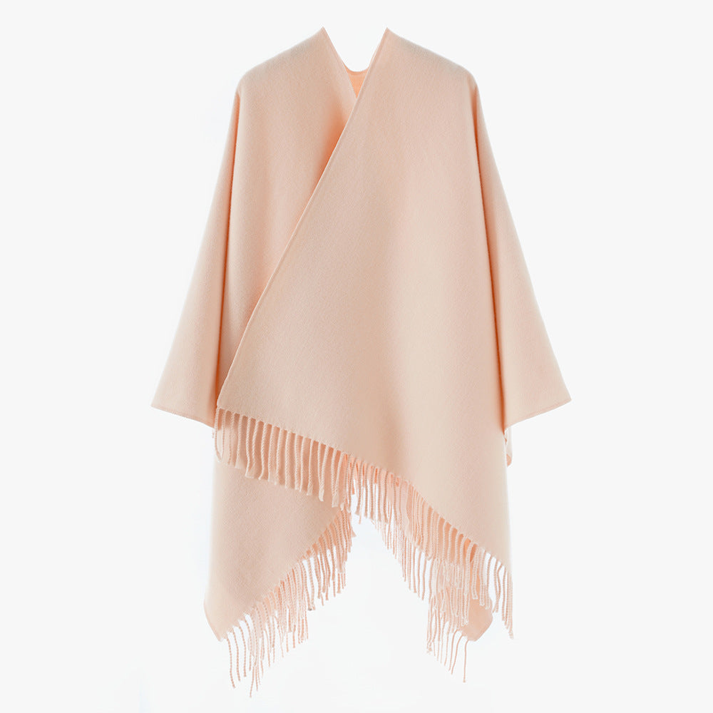 Damen Minimalistischer Wickel‑Capeponcho aus Wollmix mit V‑Ausschnitt und zartem Fransensaum Drune