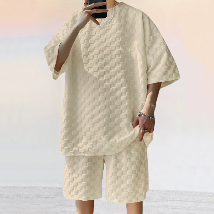 Unisex nan strukturiertes Relief-Set aus wabenartigem Jersey mit übergroßem Shirt und knielangen Shorts Drune