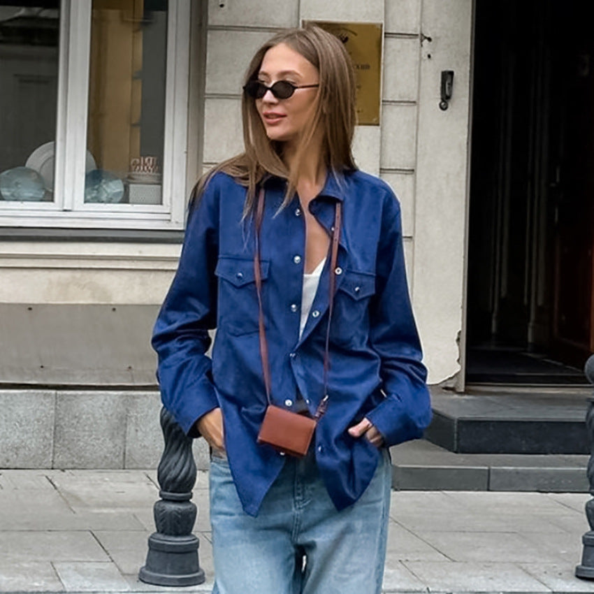 Damen Lässige Oversized-Hemdjacke mit Taschen und modischen Details Drune