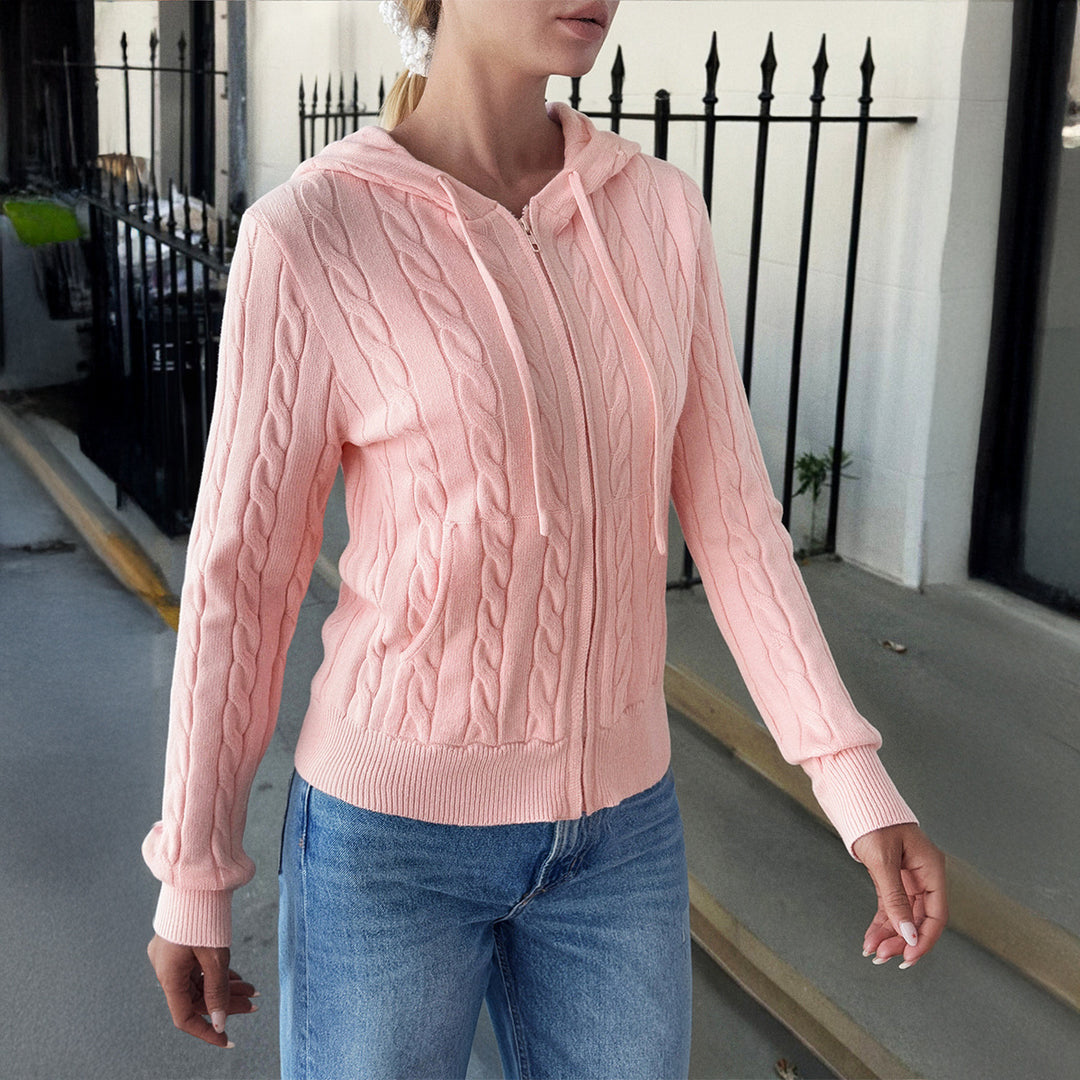 Damen nan Kapuzen-Strickjacke mit Reißverschluss, Zopfstrickstruktur und Kängurutasche Drune